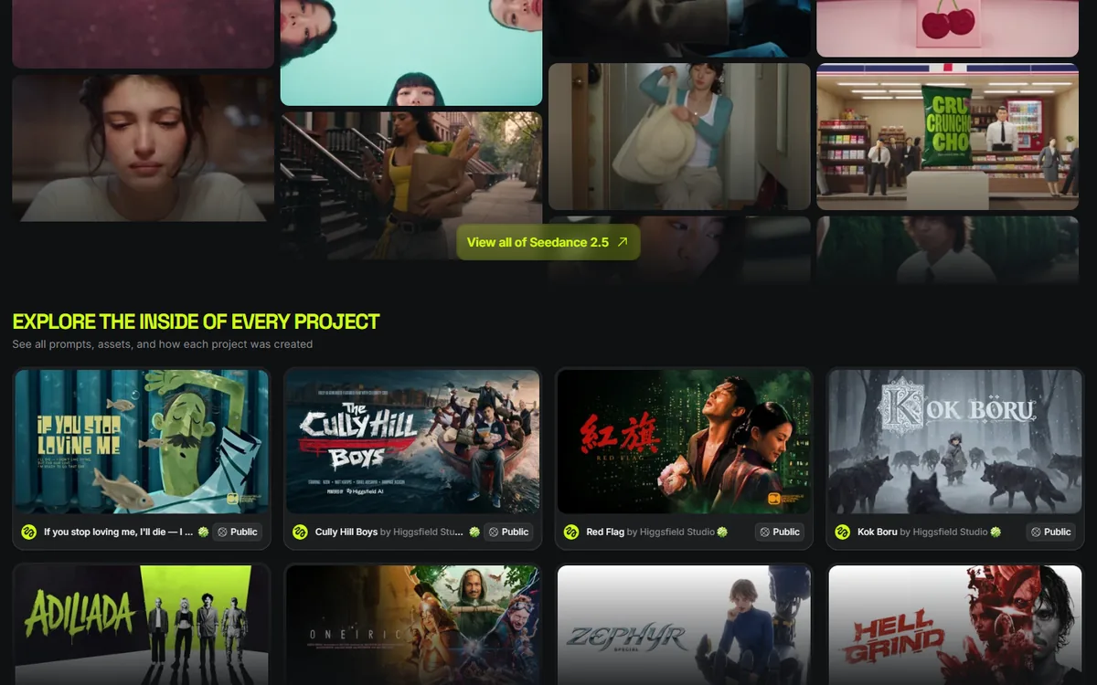 Higgsfield AI gallery of AI generated video projects used for virtual influencer content