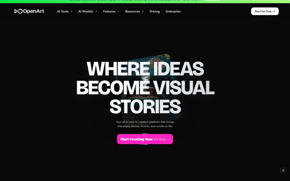 OpenArt AI homepage advertising its free AI image, video and audio generator