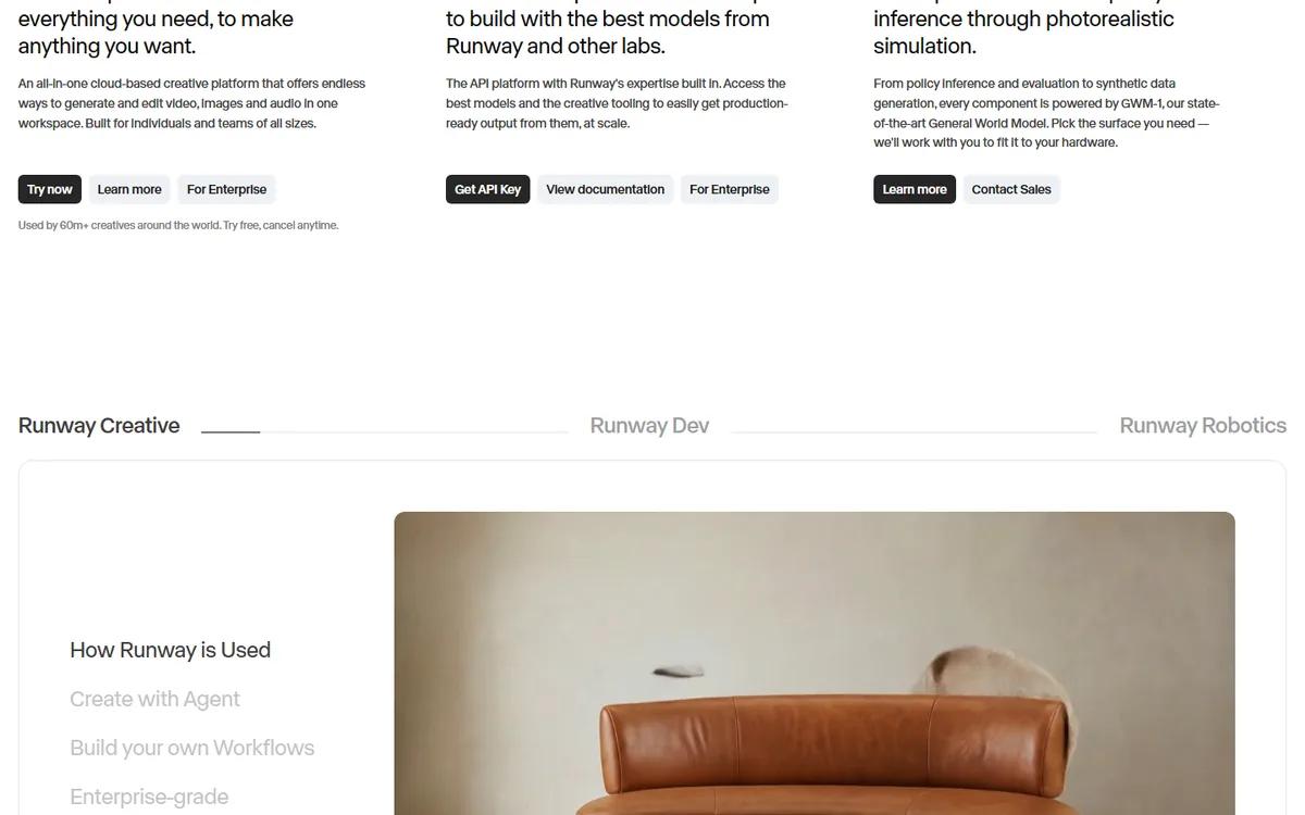 Runway platform overview listing the Creative, Dev and Robotics product lines