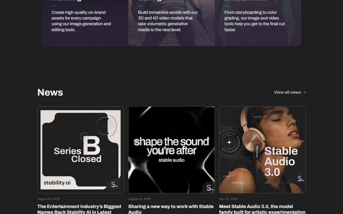 Stability AI news section with announcement cards covering its funding and Stable Diffusion model releases